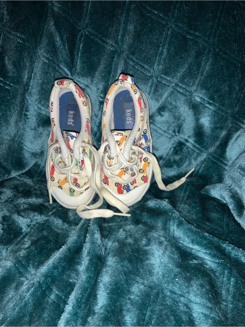 Vintage Keds Toddler Baby Canvas Cream With Motorcycles Lace Up sz 5 1/2 M